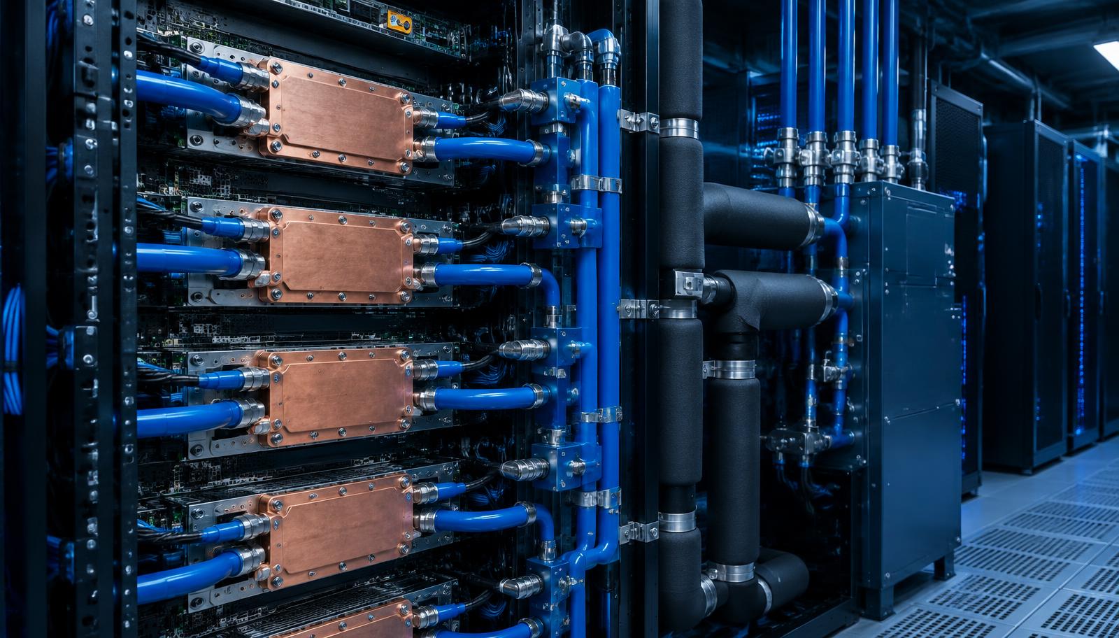Liquid-cooled server rack with copper cold plates and blue coolant manifolds connected to a distribution unit