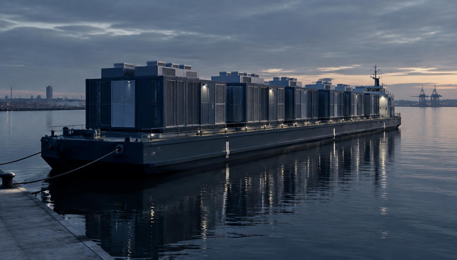 Conceptual render of a moored barge carrying modular data center containers in a harbor — illustrative architecture, not a completed project