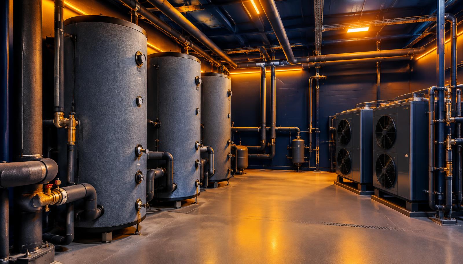 Insulated hot-water thermal storage tanks and heat pump units in a plant room