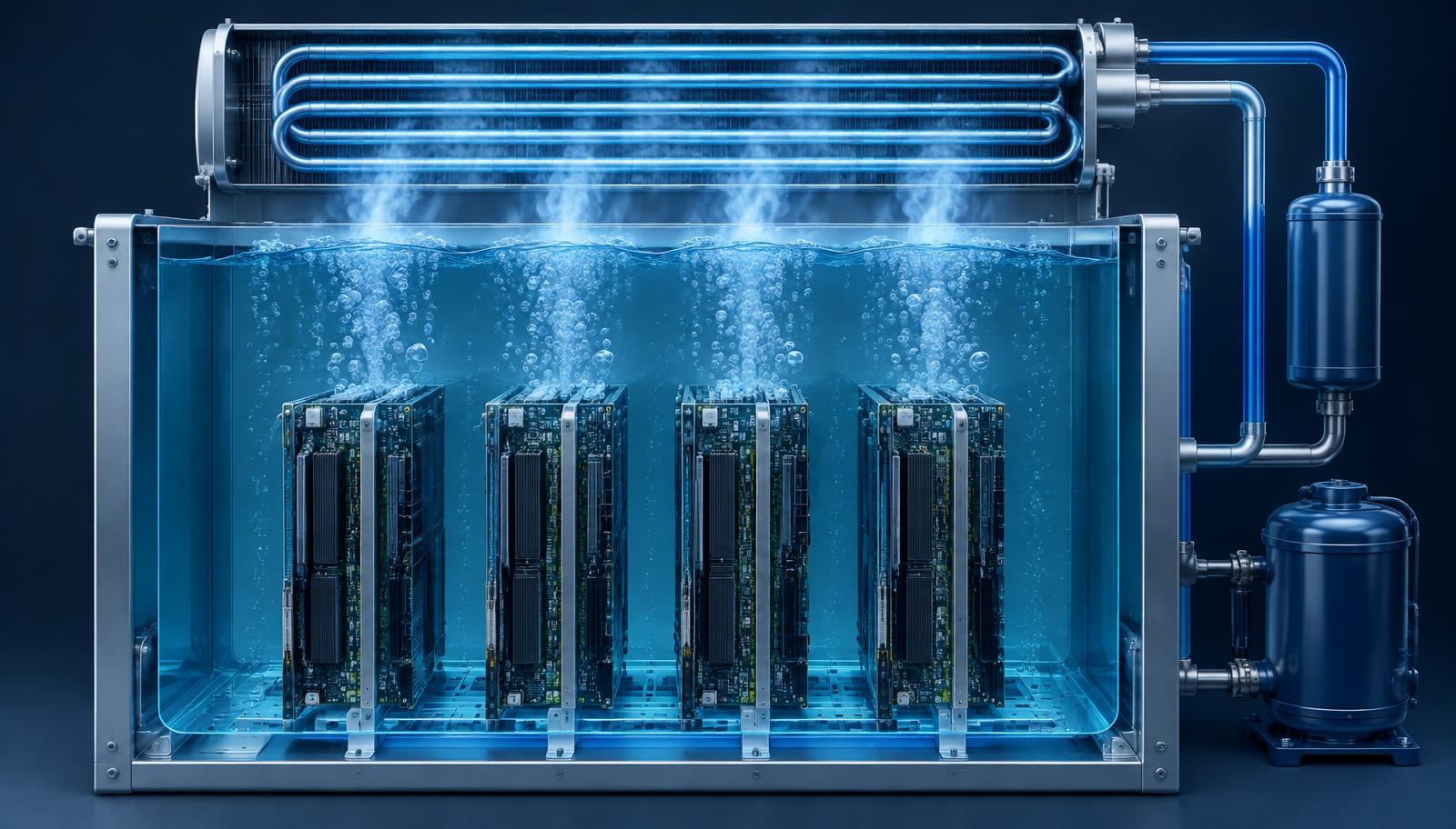 Conceptual illustration of server boards immersed in dielectric fluid with vapor rising to a condenser coil
