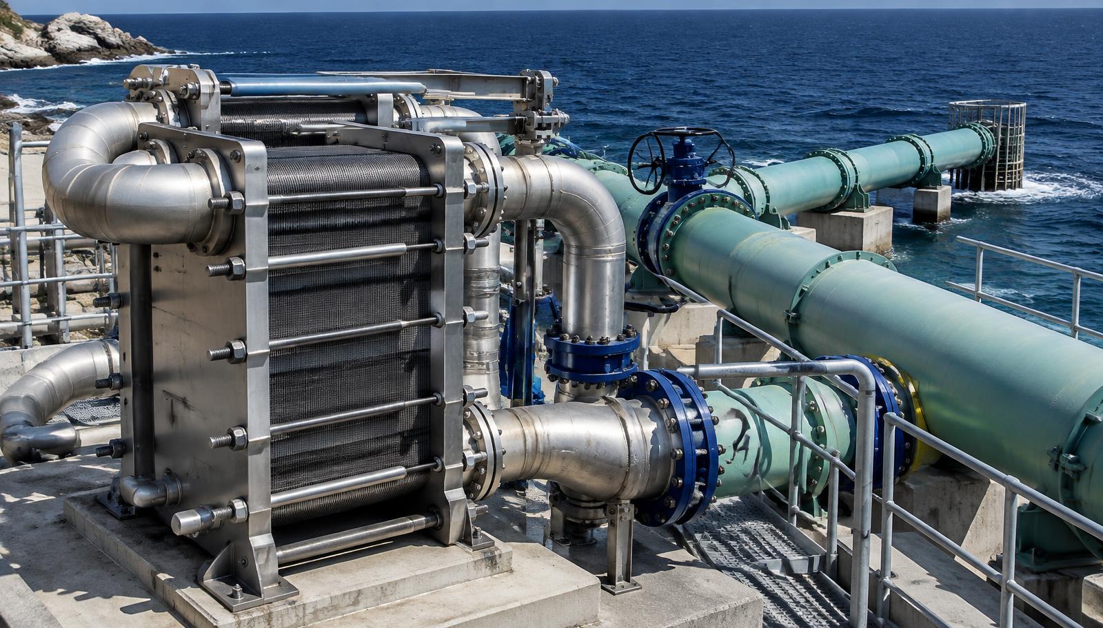 Plate heat exchanger and large seawater intake pipework at a coastal pumping station