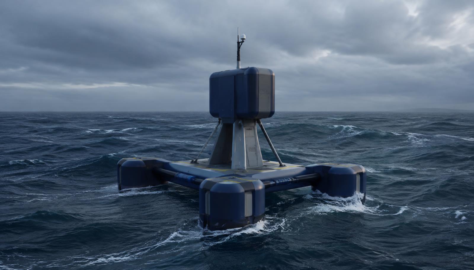Conceptual render of an offshore wave energy platform with a sealed compute module — illustrative architecture, not a completed project